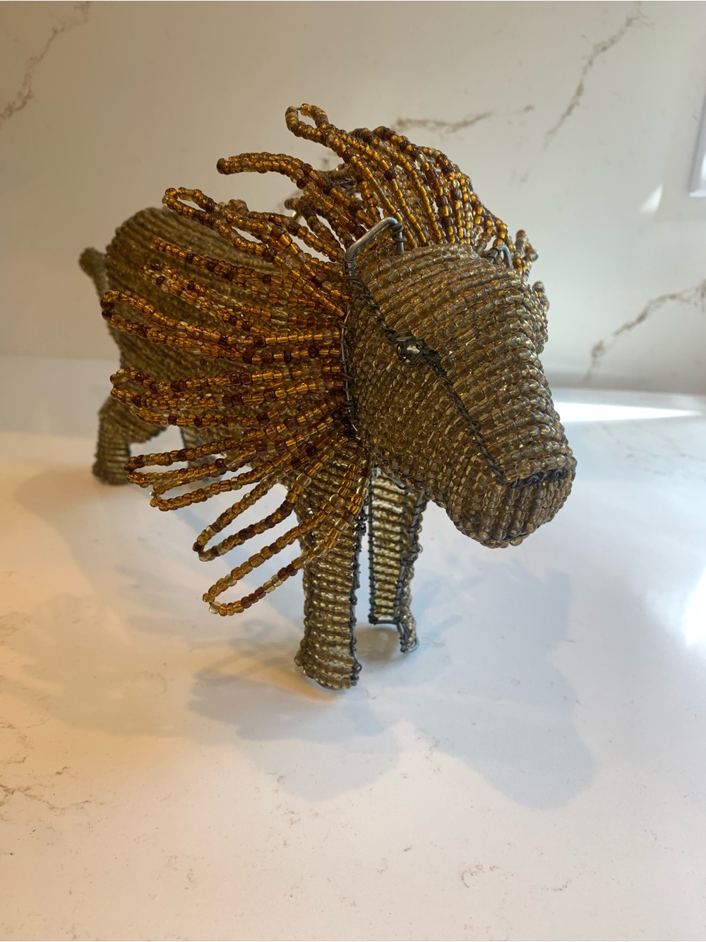 African Beaded Lion Sculpture Vintage Home Decor 1990’s 16”  x  6”.